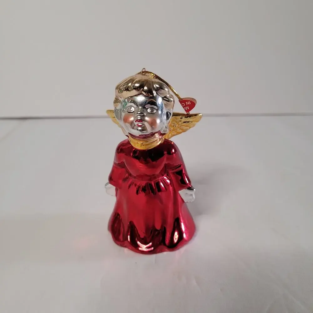 Angel Bell Christmas Ornament - Blond Hair, Red Dress, Gold Wings